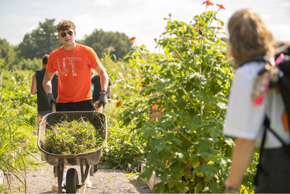 Student using wheelbarrow at Knoxville Botanical Gardens